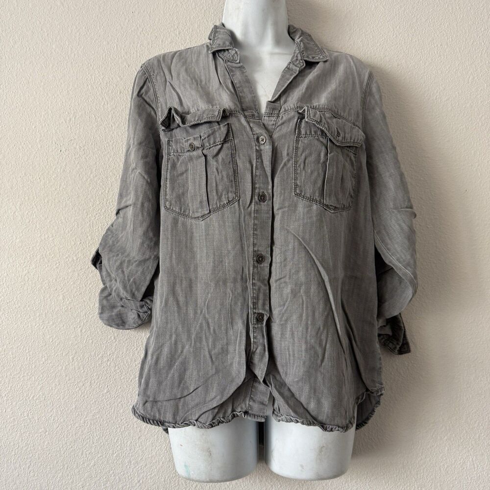 Cloth & Stone Utility Tencel Shirt Women’s M Gray Button Roll-Tab Boyfriend